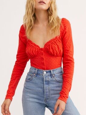 Free People Ladybug Red Long Sleeve Sweetheart Button Front Top